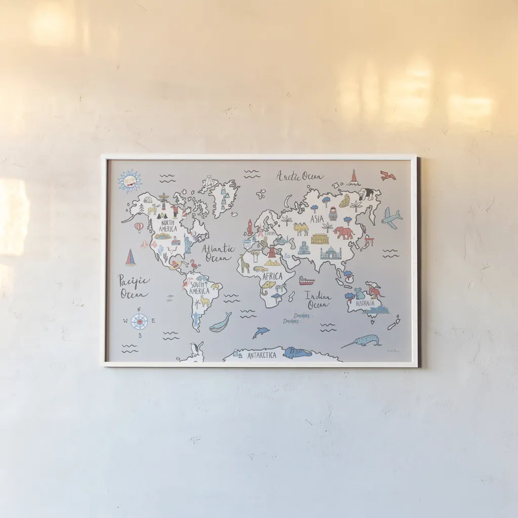 World Map Pastel by Farida Zaman. shown as a paper print in a white frame. Available as a archival giclee rolled canvas, fine art paper, or poster print. SKU 66679i.