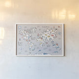 World Map Pastel by Farida Zaman. shown as a paper print in a white frame. Available as a archival giclee rolled canvas, fine art paper, or poster print. SKU 66679i.
