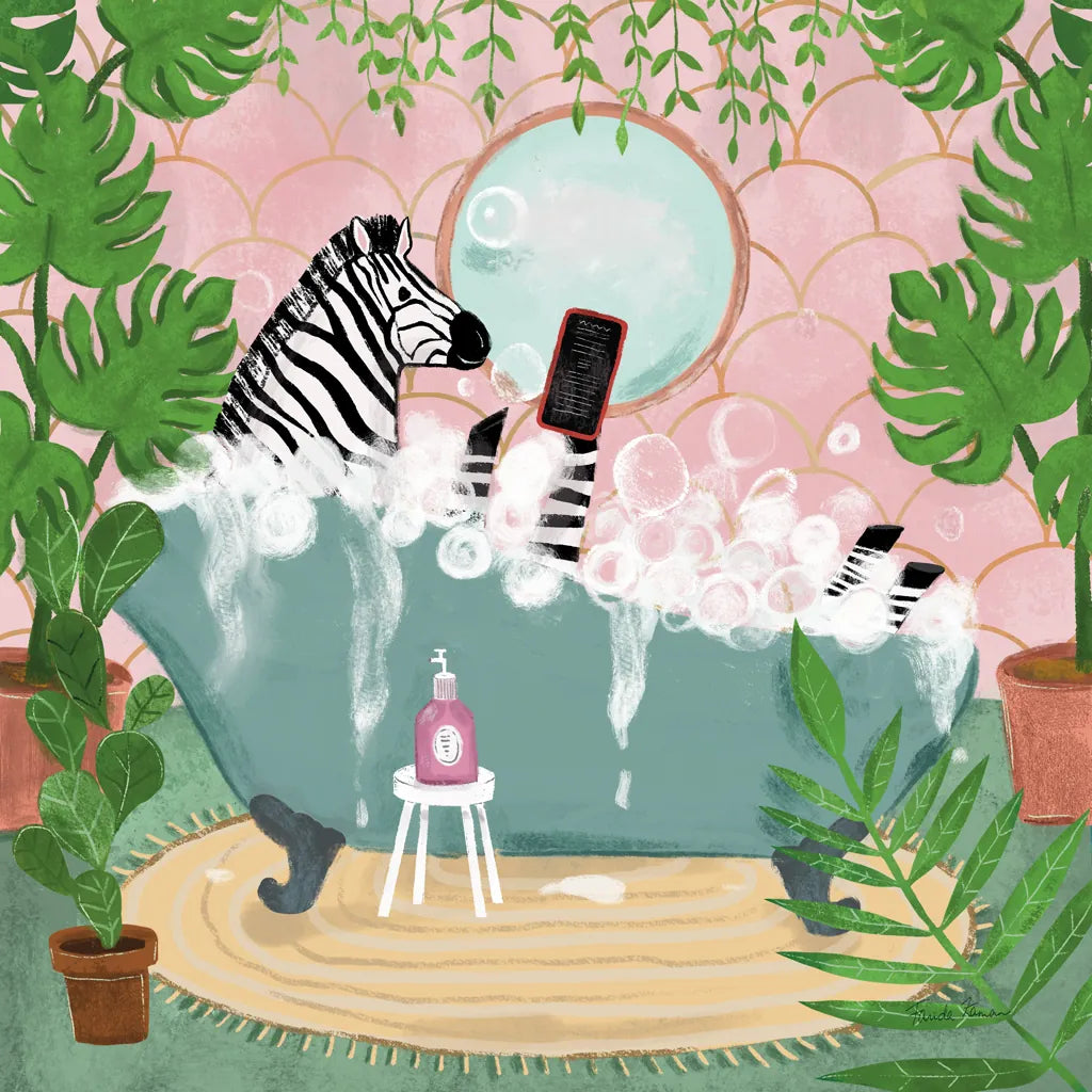 Zebra in Tub by Farida Zaman. SKU 89247a. Archival Giclee Fine art print for wall decor.