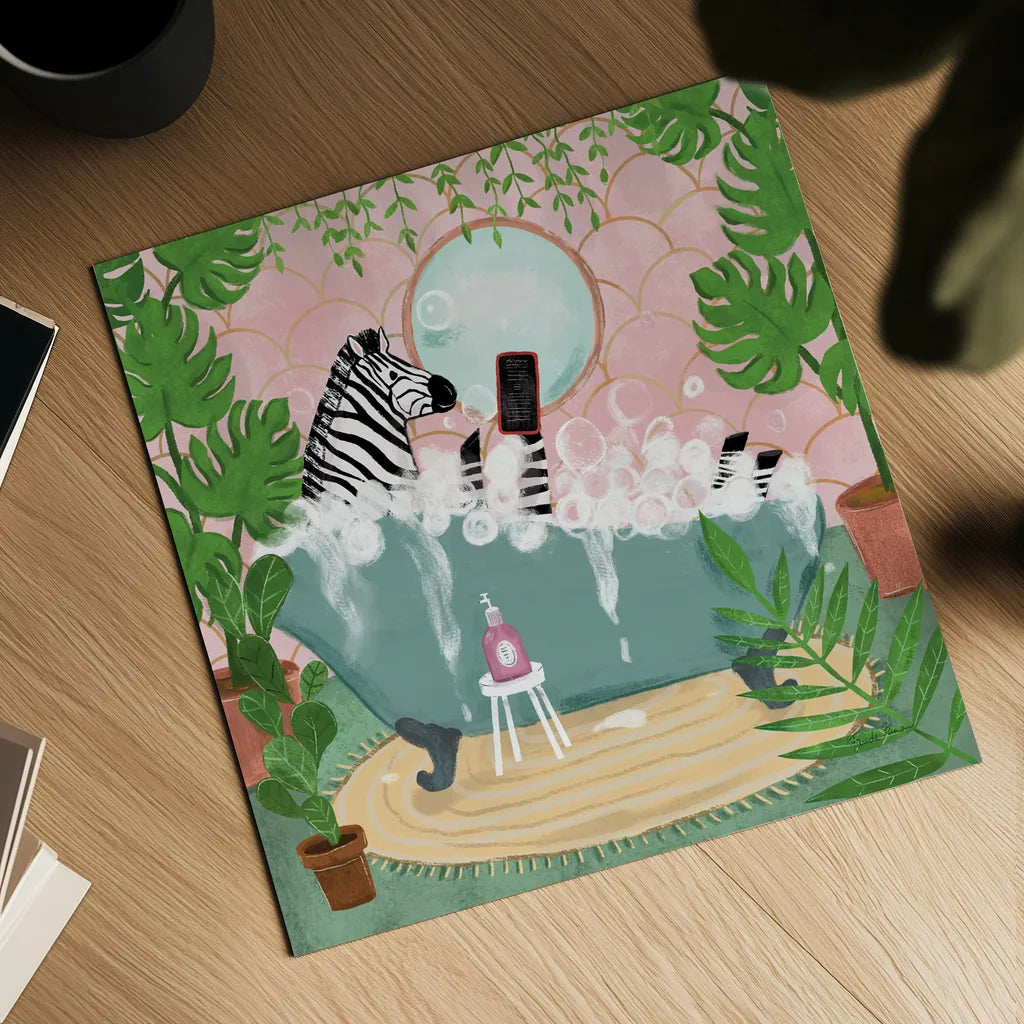 Zebra in Tub by Farida Zaman. Shown as a detailed flat fine art print, highlighting archival giclee quality. Available as an archival giclee rolled canvas, fine art paper, or poster print. SKU 89247a.