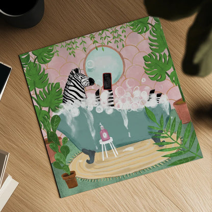 Zebra in Tub by Farida Zaman. Shown as a detailed flat fine art print, highlighting archival giclee quality. Available as an archival giclee rolled canvas, fine art paper, or poster print. SKU 89247a.