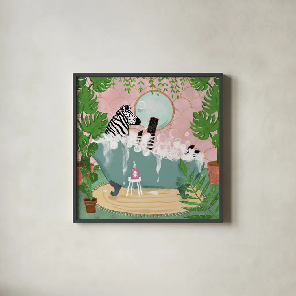 Zebra in Tub by Farida Zaman. Shown in a sleek black glass frame for a contemporary gallery look. Available as an archival giclee rolled canvas, fine art paper, or poster print. SKU 89247a.