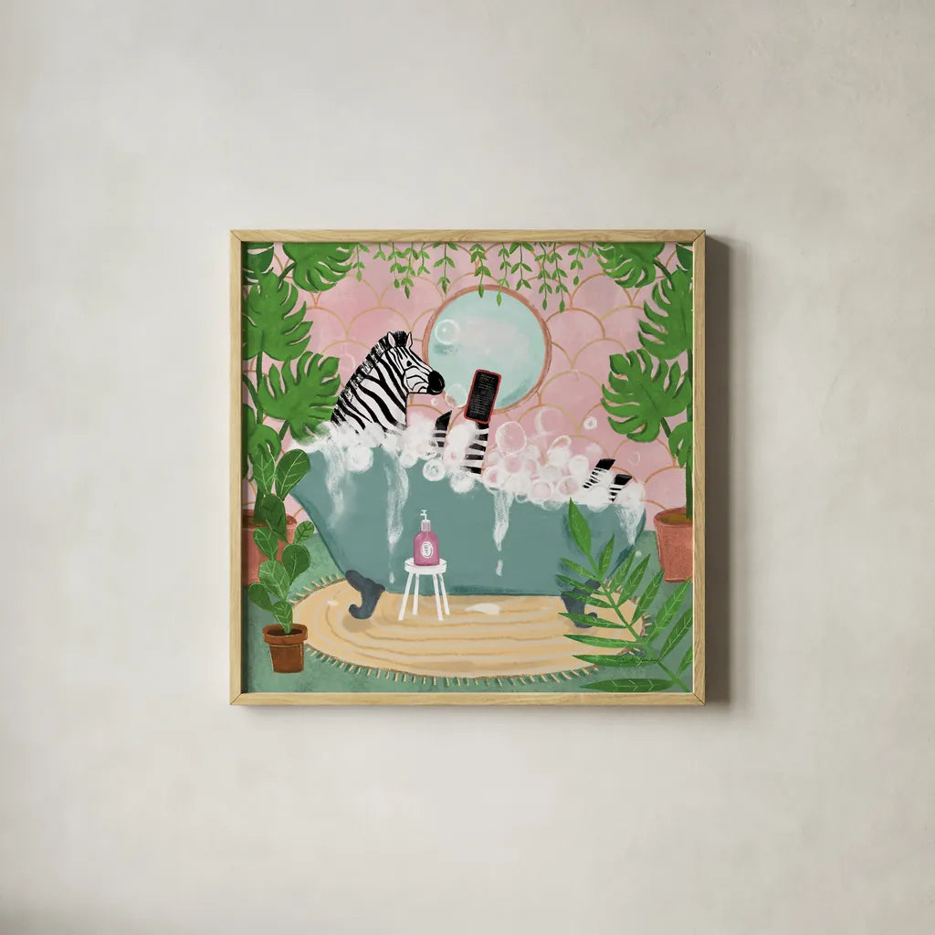 Zebra in Tub by Farida Zaman. Shown in a natural wood glass frame for a timeless modern aesthetic. Available as an archival giclee rolled canvas, fine art paper, or poster print. SKU 89247a.