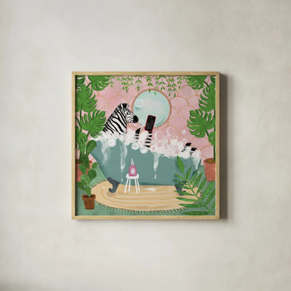 Zebra in Tub by Farida Zaman. Shown in a natural wood glass frame for a timeless modern aesthetic. Available as an archival giclee rolled canvas, fine art paper, or poster print. SKU 89247a.