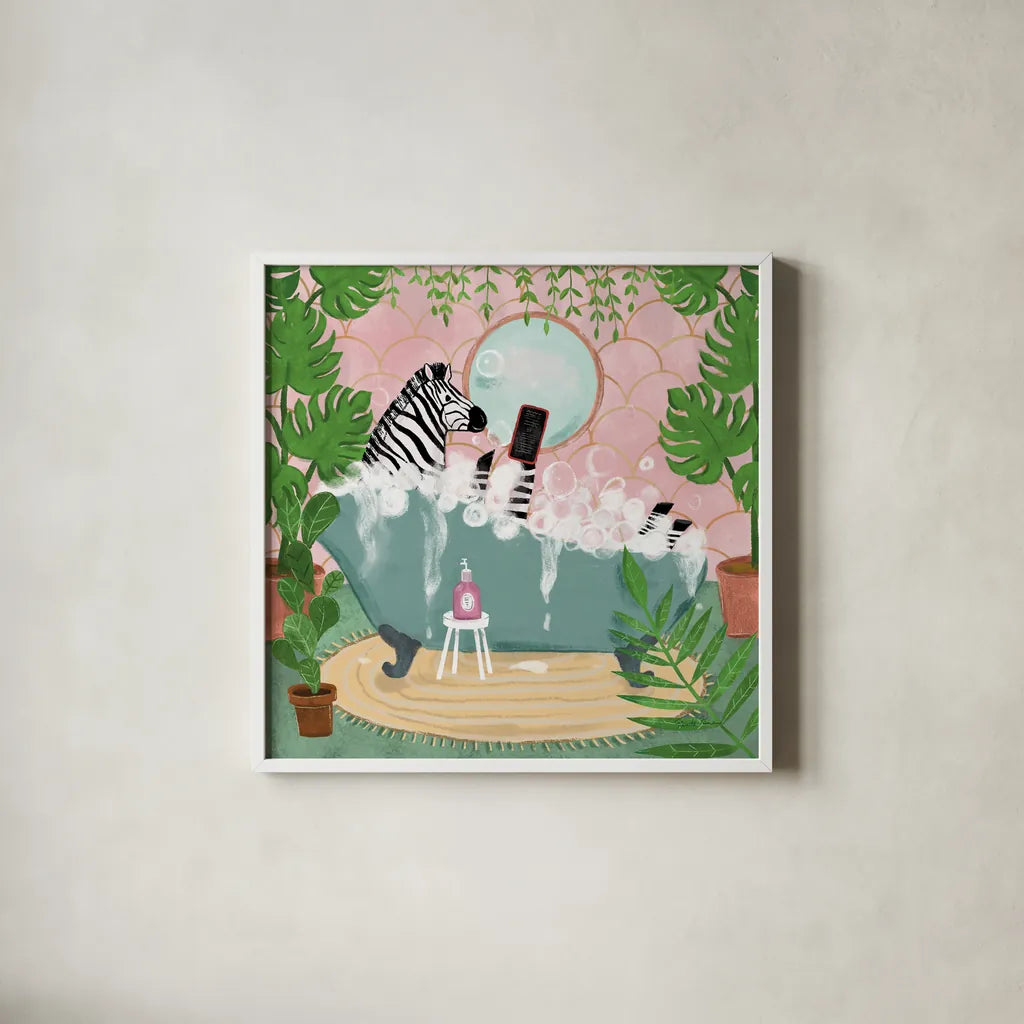 Zebra in Tub by Farida Zaman. Shown in a crisp white glass frame for a clean and minimalist style. Available as an archival giclee rolled canvas, fine art paper, or poster print. SKU 89247a.