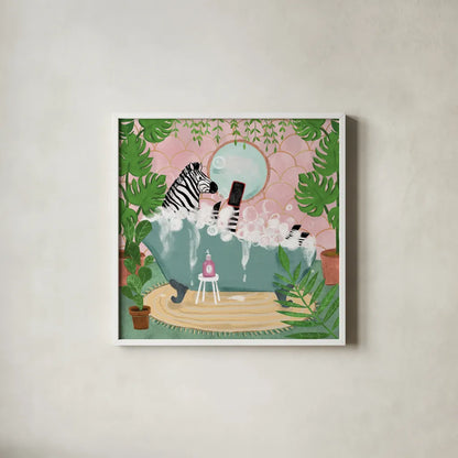 Zebra in Tub by Farida Zaman. Shown in a crisp white glass frame for a clean and minimalist style. Available as an archival giclee rolled canvas, fine art paper, or poster print. SKU 89247a.