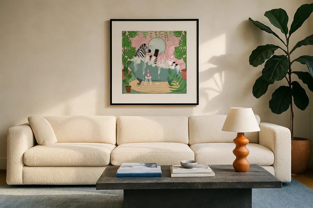 Zebra in Tub by Farida Zaman. Displayed in a glass frame with matte in a clean modern living room. Available as an archival giclee rolled canvas, fine art paper, or poster print. SKU 89247a.