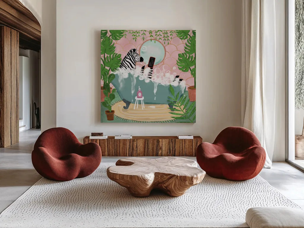 Zebra in Tub by Farida Zaman. Shown as extra-large giant wall art in a modern living room. Available as an archival giclee rolled canvas, fine art paper, or poster print. SKU 89247a.