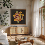 Citrus Drama II Crop by Felicity Bradley. Shown in a natural wood frame in a cozy modern living room. Available as an archival giclee rolled canvas, fine art paper, or poster print. SKU 45713a.