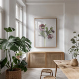Hellebore Study V by Felicity Bradley. shown as a print in a natural wood frame in a dining room. Available as a archival giclee rolled canvas, fine art paper, or poster print. SKU 36945h.