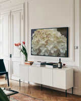 Hydrangea Delight I by Felicity Bradley. shown as a framed stretched canvas in a living room above a console. Available as a archival giclee rolled canvas, fine art paper, or poster print. SKU 36959i.