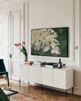 Hydrangea Delight III by Felicity Bradley. shown as a framed stretched canvas in a living room above a console. Available as a archival giclee rolled canvas, fine art paper, or poster print. SKU 36961i.