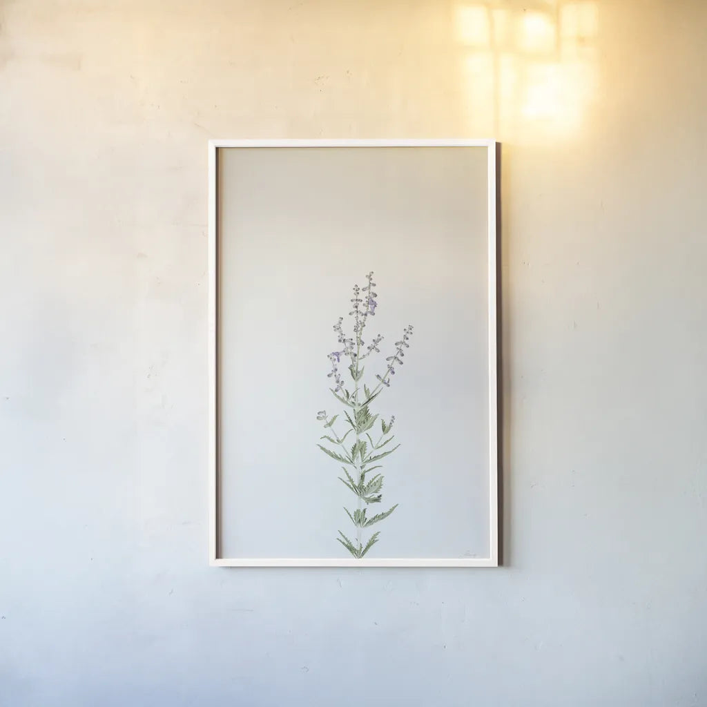 Simple Stems III by Felicity Bradley. shown as a paper print in a white frame. Available as a archival giclee rolled canvas, fine art paper, or poster print. SKU 48471h.