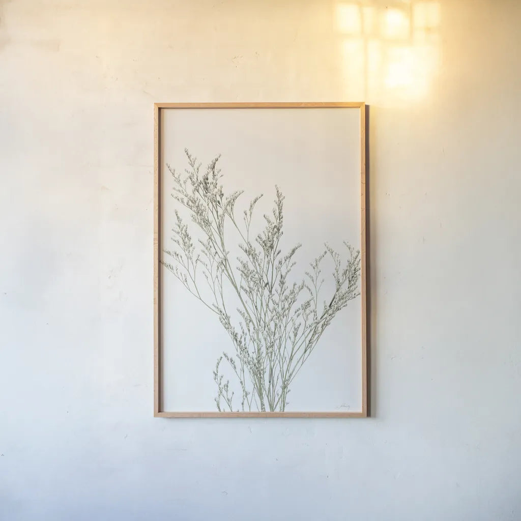 Simple Stems VII Light Crop by Felicity Bradley. shown as a paper print in a natural frame. Available as a archival giclee rolled canvas, fine art paper, or poster print. SKU 56821h.