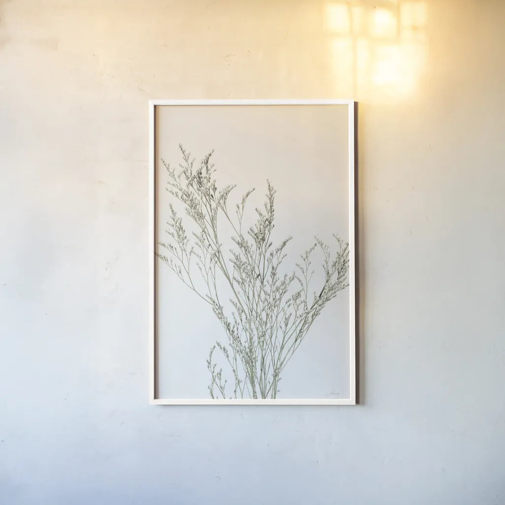 Simple Stems VII Light Crop by Felicity Bradley. shown as a paper print in a white frame. Available as a archival giclee rolled canvas, fine art paper, or poster print. SKU 56821h.