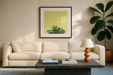 Succulent Simplicity III by Felicity Bradley. Displayed in a glass frame with matte in a clean modern living room. Available as an archival giclee rolled canvas, fine art paper, or poster print. SKU 33836a.