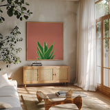 Succulent Simplicity V Coral by Felicity Bradley. Shown in a natural wood frame in a cozy modern living room. Available as an archival giclee rolled canvas, fine art paper, or poster print. SKU 54223a.