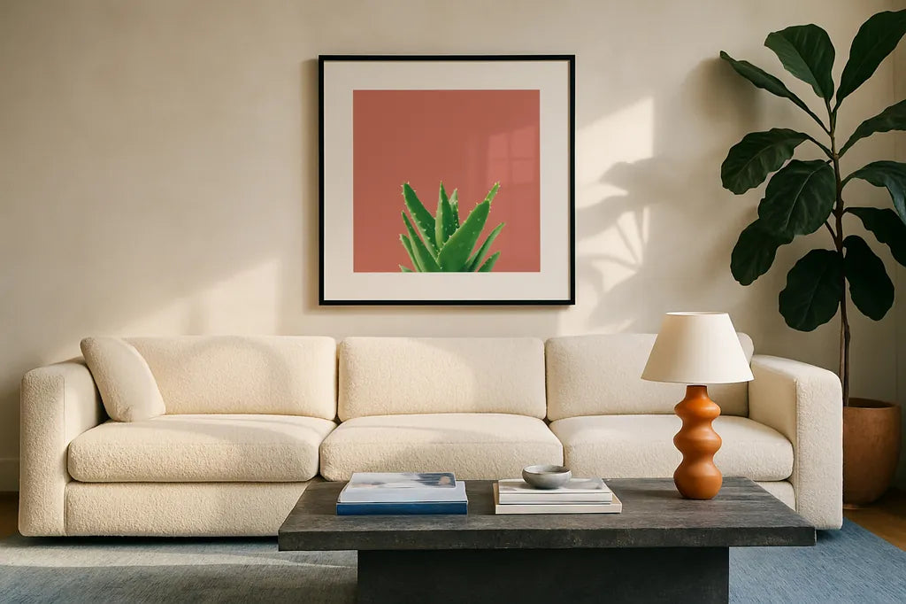 Succulent Simplicity V Coral by Felicity Bradley. Displayed in a glass frame with matte in a clean modern living room. Available as an archival giclee rolled canvas, fine art paper, or poster print. SKU 54223a.