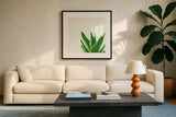 Succulent Simplicity VI Neutral by Felicity Bradley. Displayed in a glass frame with matte in a clean modern living room. Available as an archival giclee rolled canvas, fine art paper, or poster print. SKU 41653a.