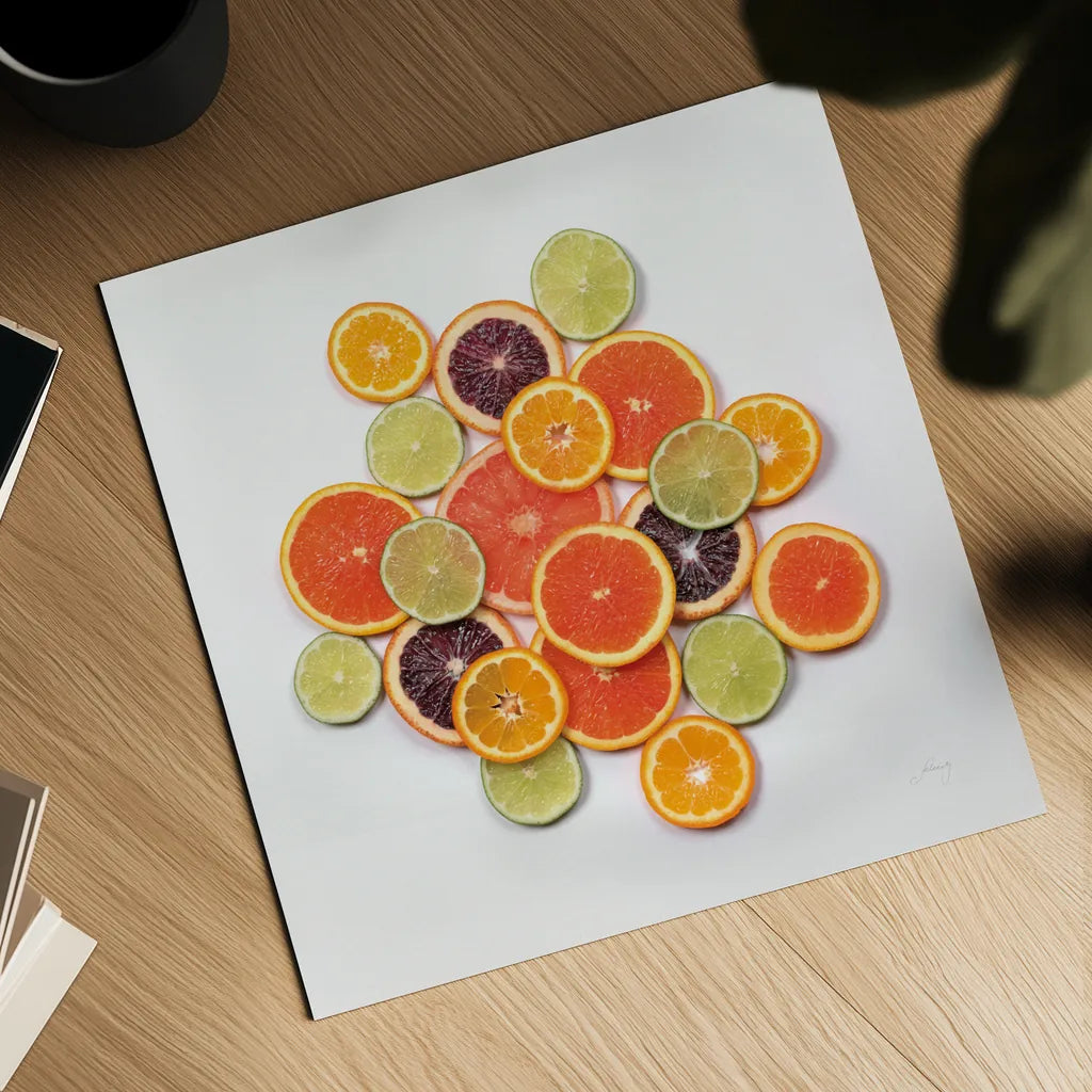 Sunny Citrus I Crop by Felicity Bradley. Shown as a detailed flat fine art print, highlighting archival giclee quality. Available as an archival giclee rolled canvas, fine art paper, or poster print. SKU 45709a.