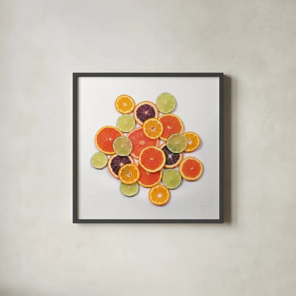Sunny Citrus I Crop by Felicity Bradley. Shown in a sleek black glass frame for a contemporary gallery look. Available as an archival giclee rolled canvas, fine art paper, or poster print. SKU 45709a.