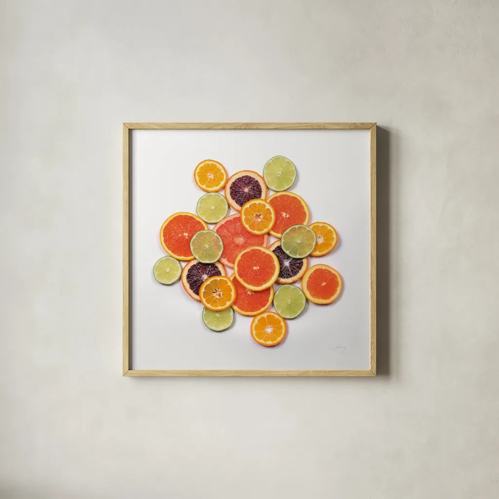 Sunny Citrus I Crop by Felicity Bradley. Shown in a natural wood glass frame for a timeless modern aesthetic. Available as an archival giclee rolled canvas, fine art paper, or poster print. SKU 45709a.