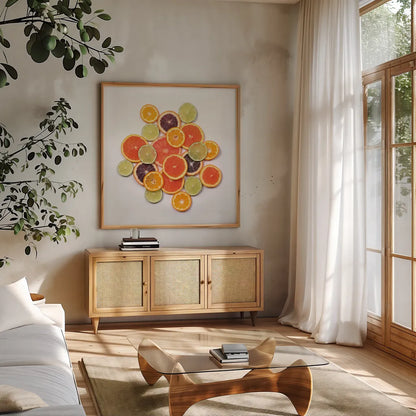 Sunny Citrus I Crop by Felicity Bradley. Shown in a natural wood frame in a cozy modern living room. Available as an archival giclee rolled canvas, fine art paper, or poster print. SKU 45709a.