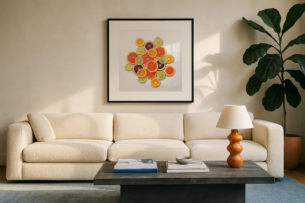 Sunny Citrus I Crop by Felicity Bradley. Displayed in a glass frame with matte in a clean modern living room. Available as an archival giclee rolled canvas, fine art paper, or poster print. SKU 45709a.