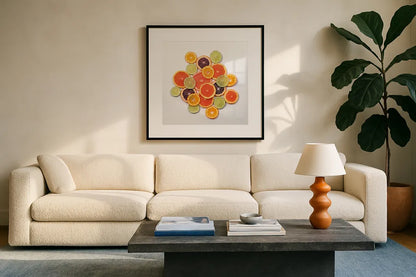 Sunny Citrus I Crop by Felicity Bradley. Displayed in a glass frame with matte in a clean modern living room. Available as an archival giclee rolled canvas, fine art paper, or poster print. SKU 45709a.