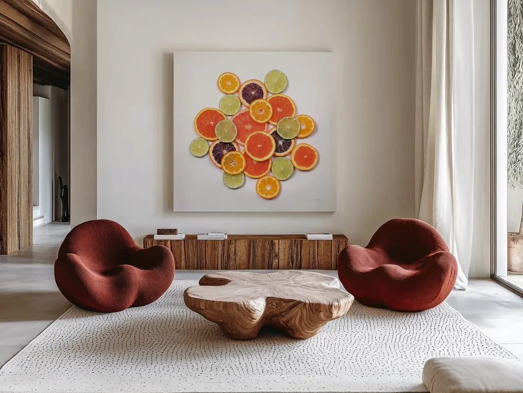 Sunny Citrus I Crop by Felicity Bradley. Shown as extra-large giant wall art in a modern living room. Available as an archival giclee rolled canvas, fine art paper, or poster print. SKU 45709a.