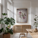 Vintage Hellebore Study V by Felicity Bradley. shown as a print in a natural wood frame in a dining room. Available as a archival giclee rolled canvas, fine art paper, or poster print. SKU 36952h.