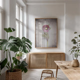 Vintage Hellebore Study VI by Felicity Bradley. shown as a print in a natural wood frame in a dining room. Available as a archival giclee rolled canvas, fine art paper, or poster print. SKU 36953h.
