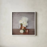 Vintage Peony Dreams I by Felicity Bradley. Shown in a crisp white glass frame for a clean and minimalist style. Available as an archival giclee rolled canvas, fine art paper, or poster print. SKU 36955a.