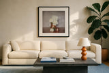 Vintage Peony Dreams I by Felicity Bradley. Displayed in a glass frame with matte in a clean modern living room. Available as an archival giclee rolled canvas, fine art paper, or poster print. SKU 36955a.