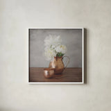 Vintage Peony Dreams III by Felicity Bradley. Shown in a crisp white glass frame for a clean and minimalist style. Available as an archival giclee rolled canvas, fine art paper, or poster print. SKU 36957a.