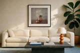 Vintage Peony Dreams III by Felicity Bradley. Displayed in a glass frame with matte in a clean modern living room. Available as an archival giclee rolled canvas, fine art paper, or poster print. SKU 36957a.