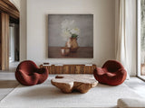 Vintage Peony Dreams III by Felicity Bradley. Shown as extra-large giant wall art in a modern living room. Available as an archival giclee rolled canvas, fine art paper, or poster print. SKU 36957a.