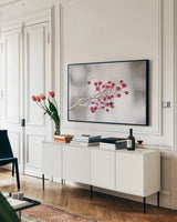 Winter Berries I by Felicity Bradley. shown as a framed stretched canvas in a living room above a console. Available as a archival giclee rolled canvas, fine art paper, or poster print. SKU 60542i.