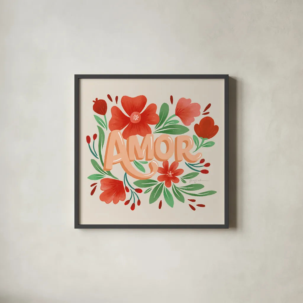Amor by Gia Graham. Shown in a sleek black glass frame for a contemporary gallery look. Available as an archival giclee rolled canvas, fine art paper, or poster print. SKU 90824a.
