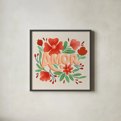 Amor by Gia Graham. Shown in a sleek black glass frame for a contemporary gallery look. Available as an archival giclee rolled canvas, fine art paper, or poster print. SKU 90824a.