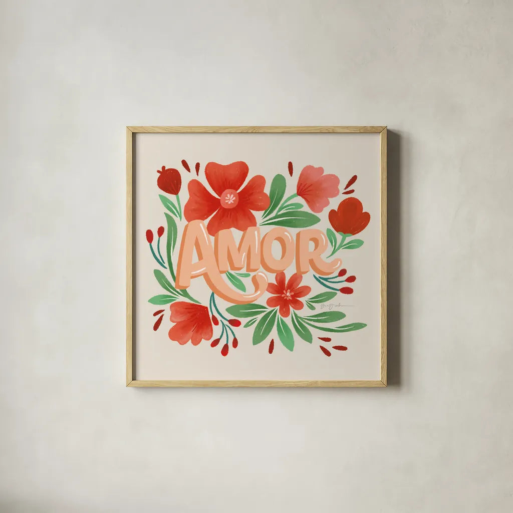 Amor by Gia Graham. Shown in a natural wood glass frame for a timeless modern aesthetic. Available as an archival giclee rolled canvas, fine art paper, or poster print. SKU 90824a.