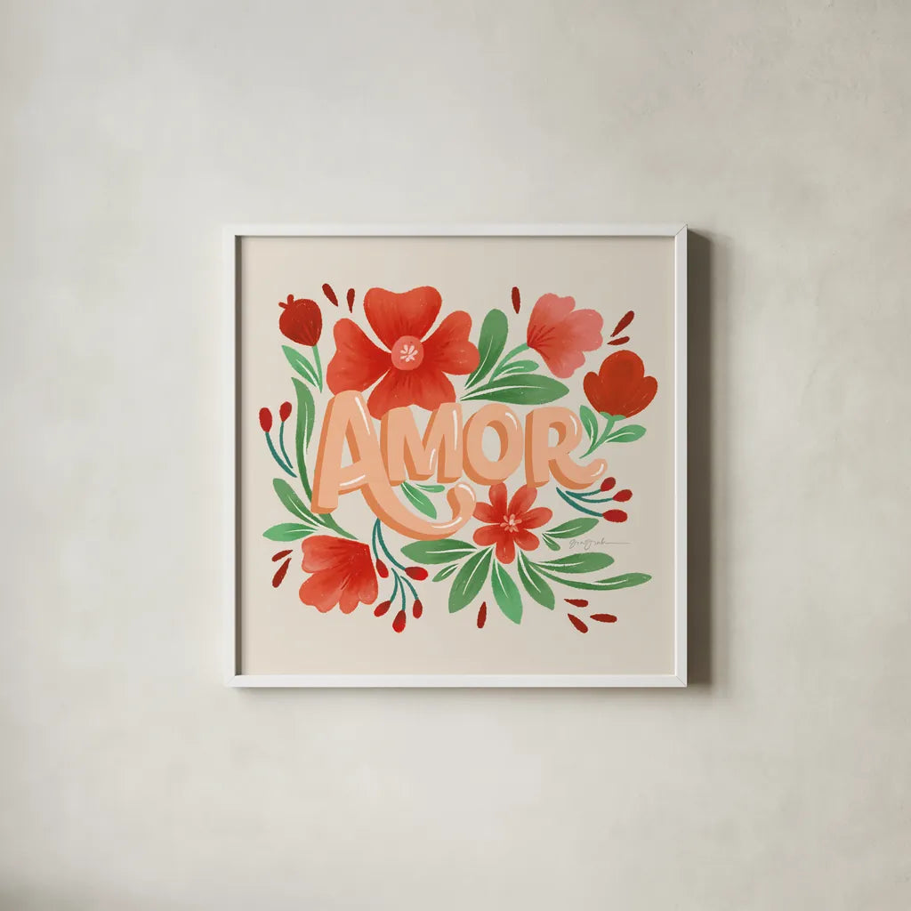 Amor by Gia Graham. Shown in a crisp white glass frame for a clean and minimalist style. Available as an archival giclee rolled canvas, fine art paper, or poster print. SKU 90824a.