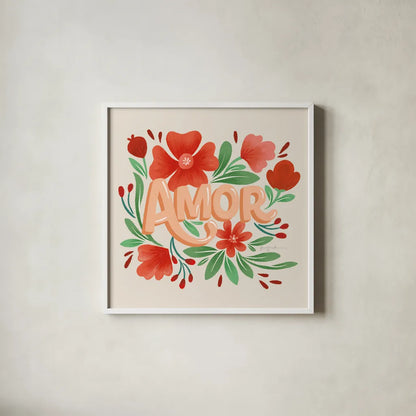Amor by Gia Graham. Shown in a crisp white glass frame for a clean and minimalist style. Available as an archival giclee rolled canvas, fine art paper, or poster print. SKU 90824a.