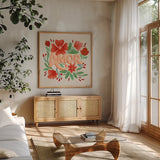 Amor by Gia Graham. Shown in a natural wood frame in a cozy modern living room. Available as an archival giclee rolled canvas, fine art paper, or poster print. SKU 90824a.