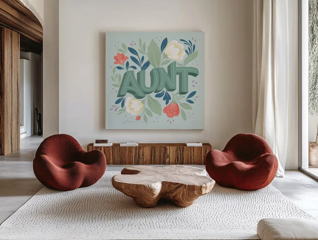 Aunt by Gia Graham. Shown as extra-large giant wall art in a modern living room. Available as an archival giclee rolled canvas, fine art paper, or poster print. SKU 92595a.