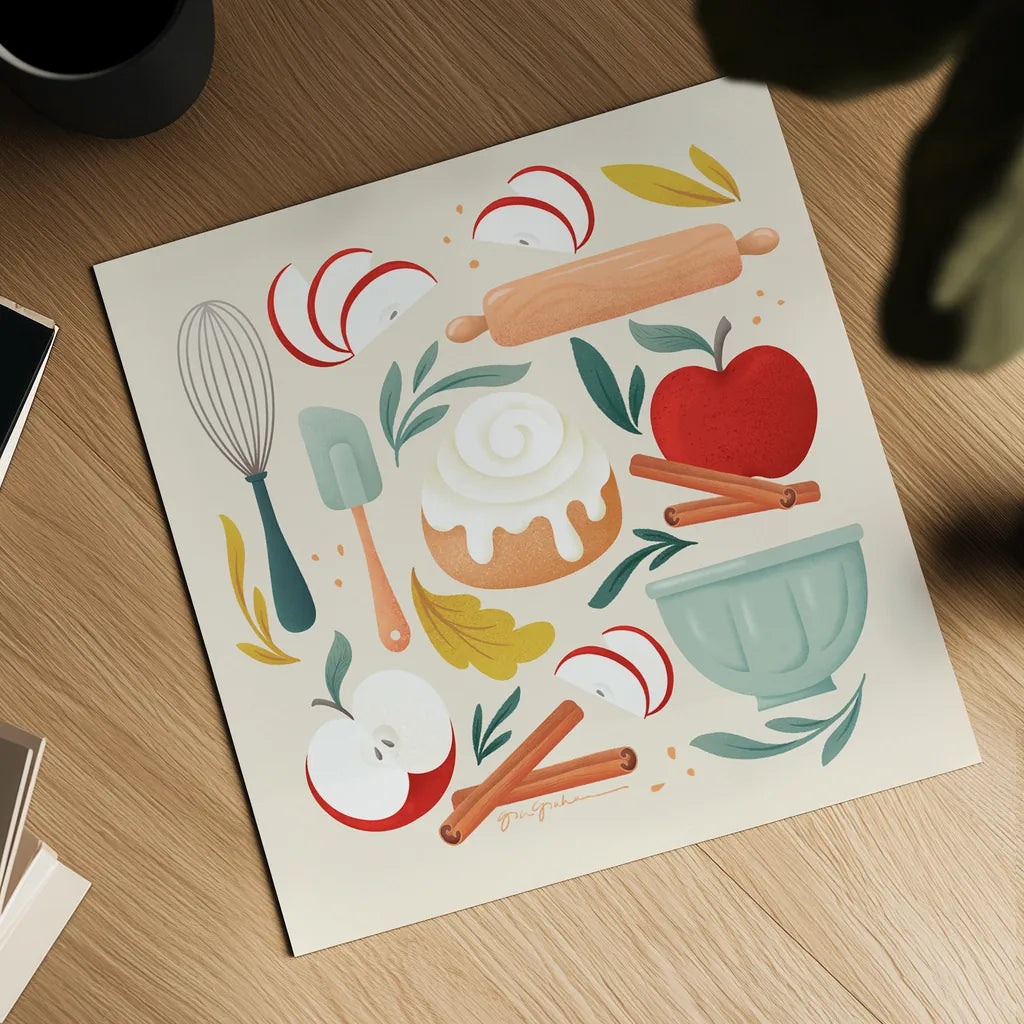 Autumn Baking by Gia Graham. Shown as a detailed flat fine art print, highlighting archival giclee quality. Available as an archival giclee rolled canvas, fine art paper, or poster print. SKU 87442a.