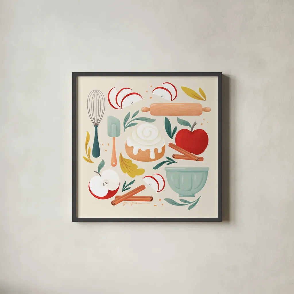 Autumn Baking by Gia Graham. Shown in a sleek black glass frame for a contemporary gallery look. Available as an archival giclee rolled canvas, fine art paper, or poster print. SKU 87442a.
