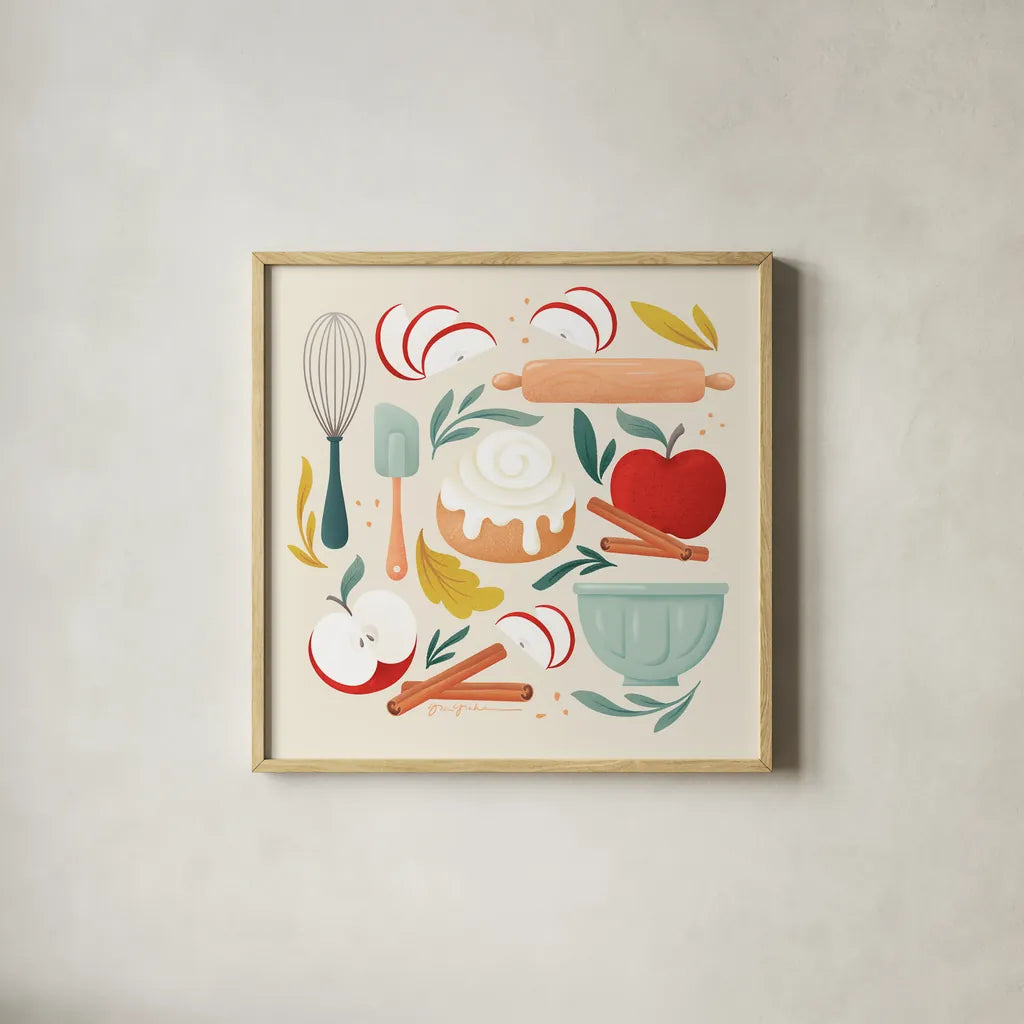 Autumn Baking by Gia Graham. Shown in a natural wood glass frame for a timeless modern aesthetic. Available as an archival giclee rolled canvas, fine art paper, or poster print. SKU 87442a.