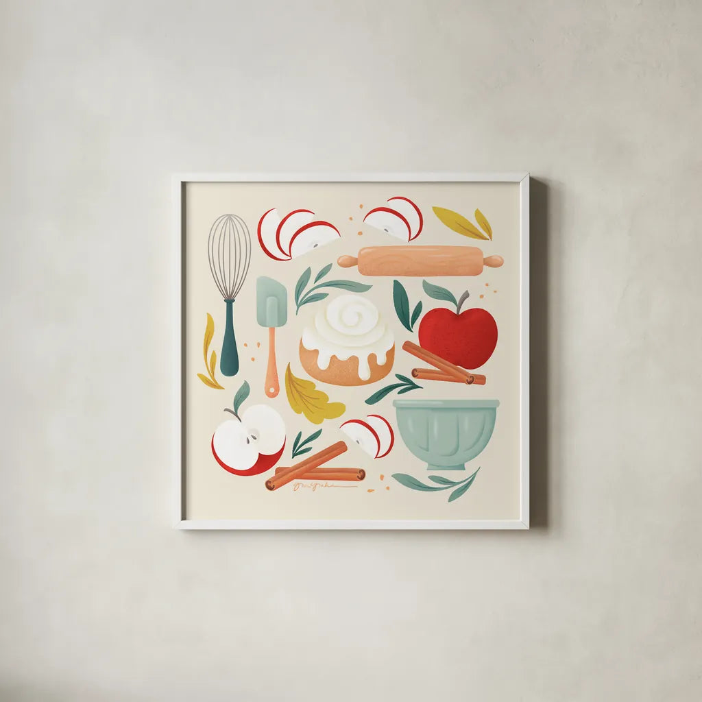 Autumn Baking by Gia Graham. Shown in a crisp white glass frame for a clean and minimalist style. Available as an archival giclee rolled canvas, fine art paper, or poster print. SKU 87442a.