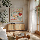 Autumn Baking by Gia Graham. Shown in a natural wood frame in a cozy modern living room. Available as an archival giclee rolled canvas, fine art paper, or poster print. SKU 87442a.